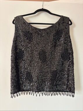 Vintage Black Sequin Beaded Tank Top with Fringe Hem size 42 (like a size 12)